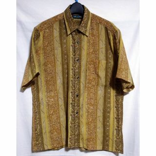 古着 メンズ 半袖シャツ レトロ 総柄シャツ イエロー マスタード 山吹色 M(シャツ)