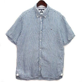 トミーヒルフィガー(TOMMY HILFIGER)のトミーヒルフィガー プレミアムリネン ストライプ BDシャツ 半袖 ブルー XL(シャツ)