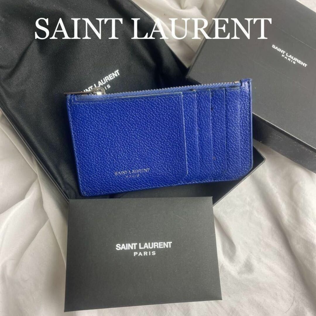 SAINT LAURENT パリ レザー カードケース 小銭入れ 青ロゴ 箱付き