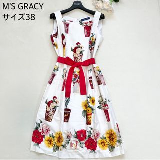 エムズグレイシー(M'S GRACY)の【美品】M'S GRACY 花柄ノースリーブワンピース リボンベルト 花瓶 総柄(ひざ丈ワンピース)