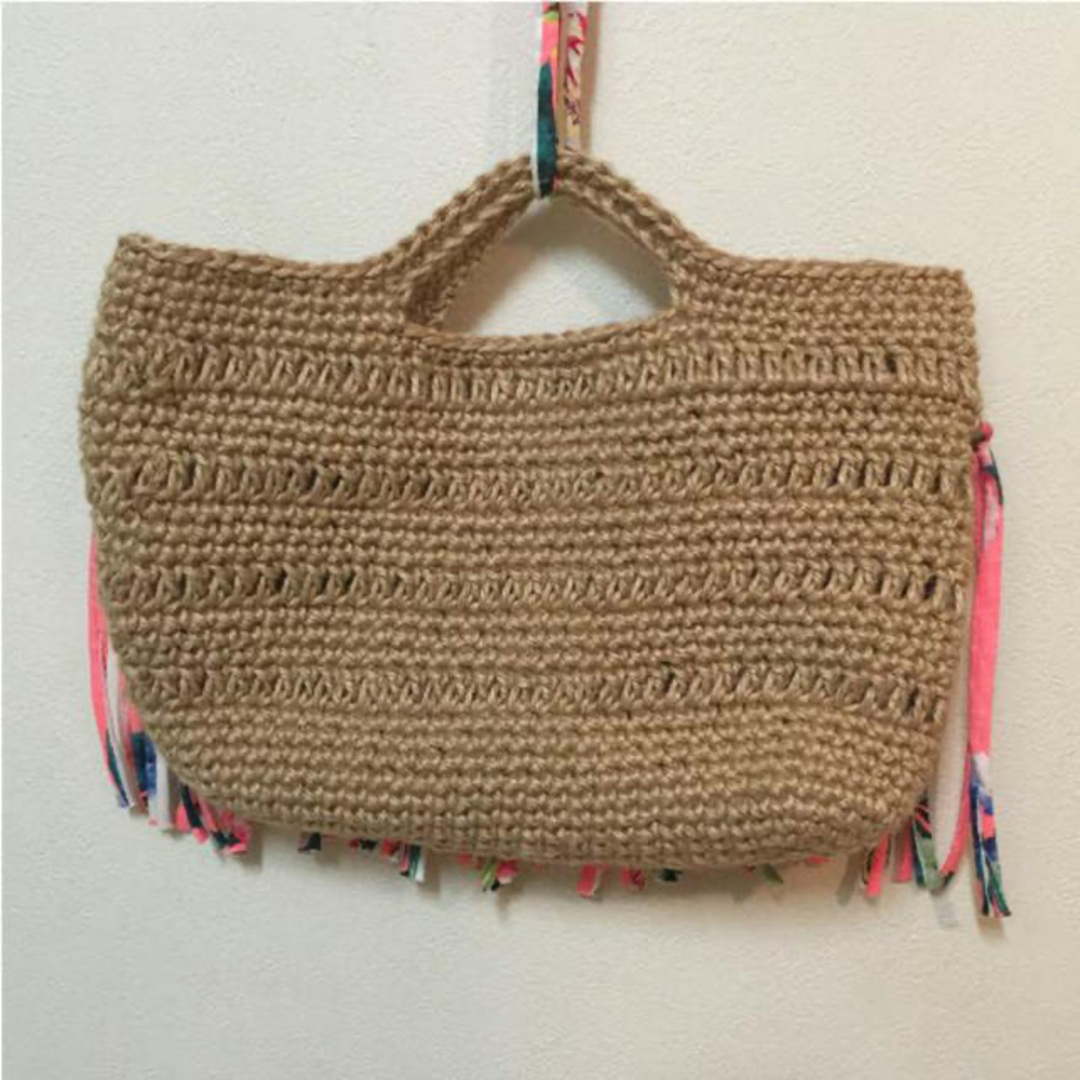 麻ひも×ボタニカル柄✭﻿ズパゲッティ✭﻿ネオンボタニカル柄 かごバッグ ハンドメイドのファッション小物(バッグ)の商品写真