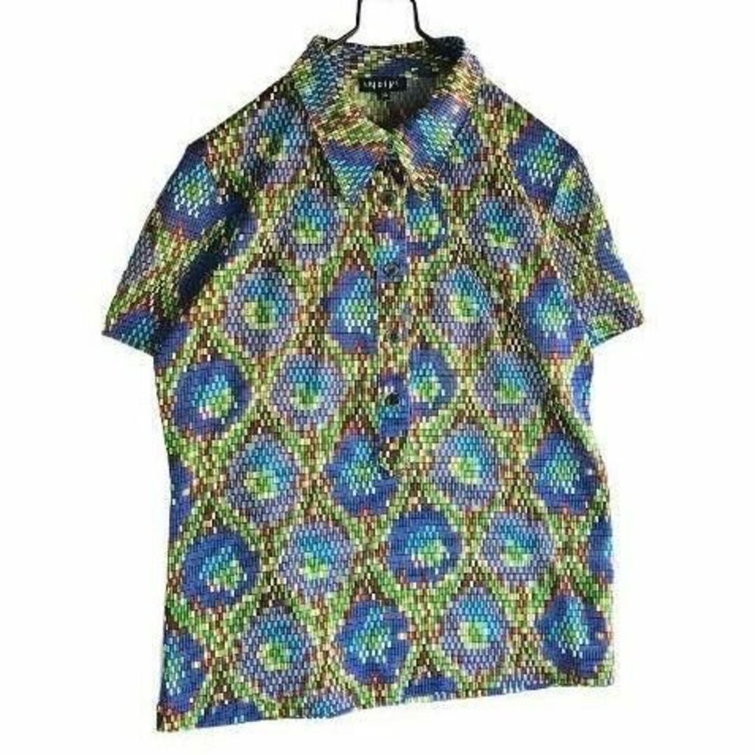 INDIVI(インディヴィ)のY2K 総柄 サイケデリック 幾何学 カラフル ポロシャツ半袖 レトロ 日本製 レディースのトップス(ポロシャツ)の商品写真