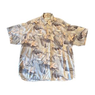 90's鳥総柄レーヨンシャツ(XL)ヴィンテージ古着(シャツ)