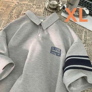 メンズ　半袖　ポロシャツ　襟付きTシャツ　袖ライン　トレンド　グレー　XL(ポロシャツ)