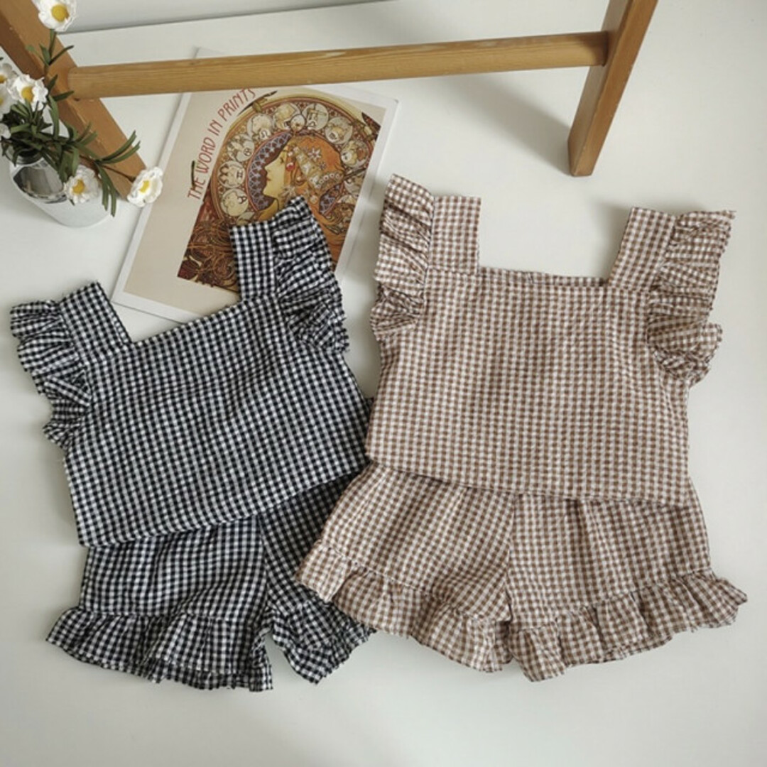 キッズ ギンガムチェック フリル パンツ セットアップ ベージュ  80 キッズ/ベビー/マタニティのキッズ服女の子用(90cm~)(ワンピース)の商品写真