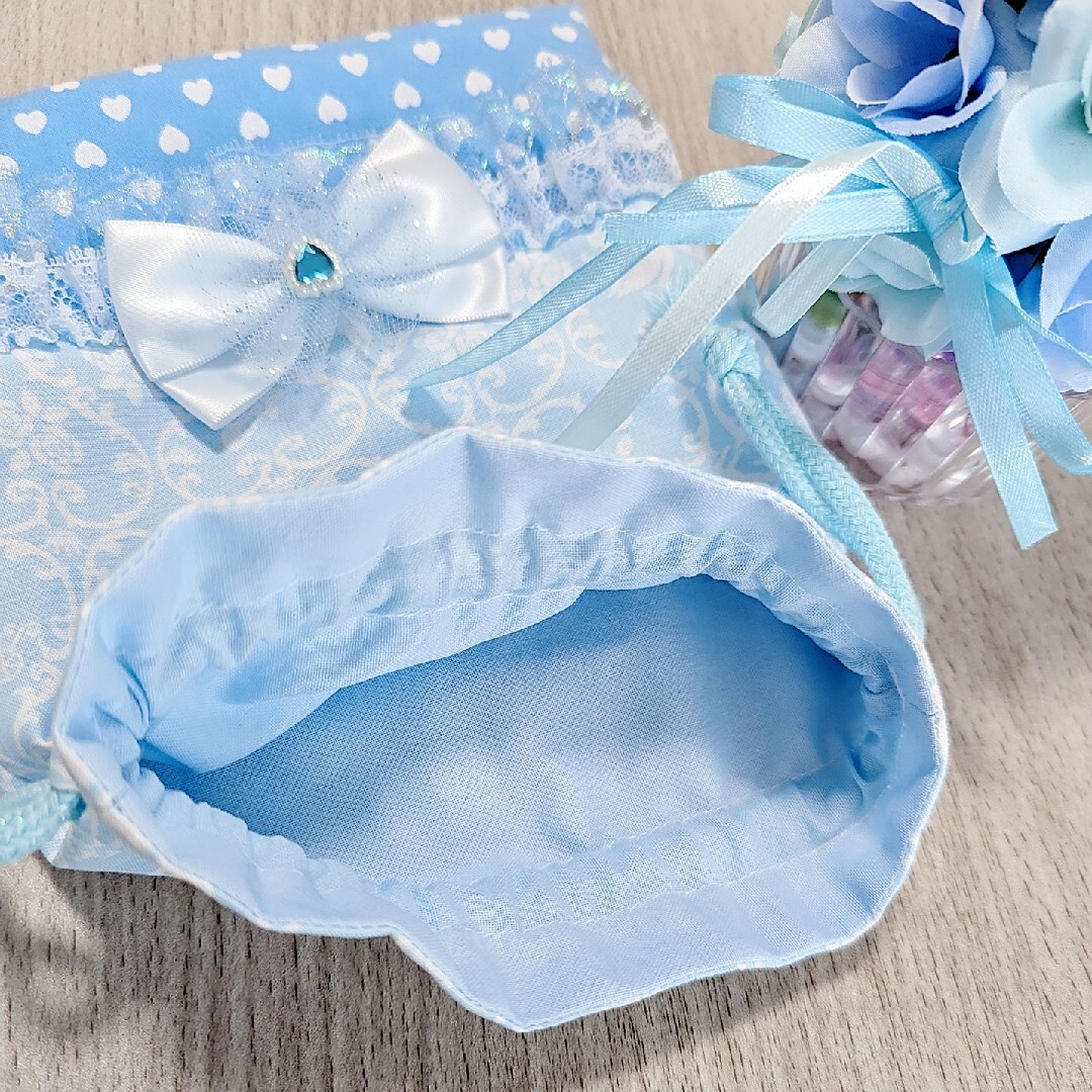 ♡プリンセスダマスク コップ袋 巾着 水色♡ ハンドメイドのキッズ/ベビー(外出用品)の商品写真