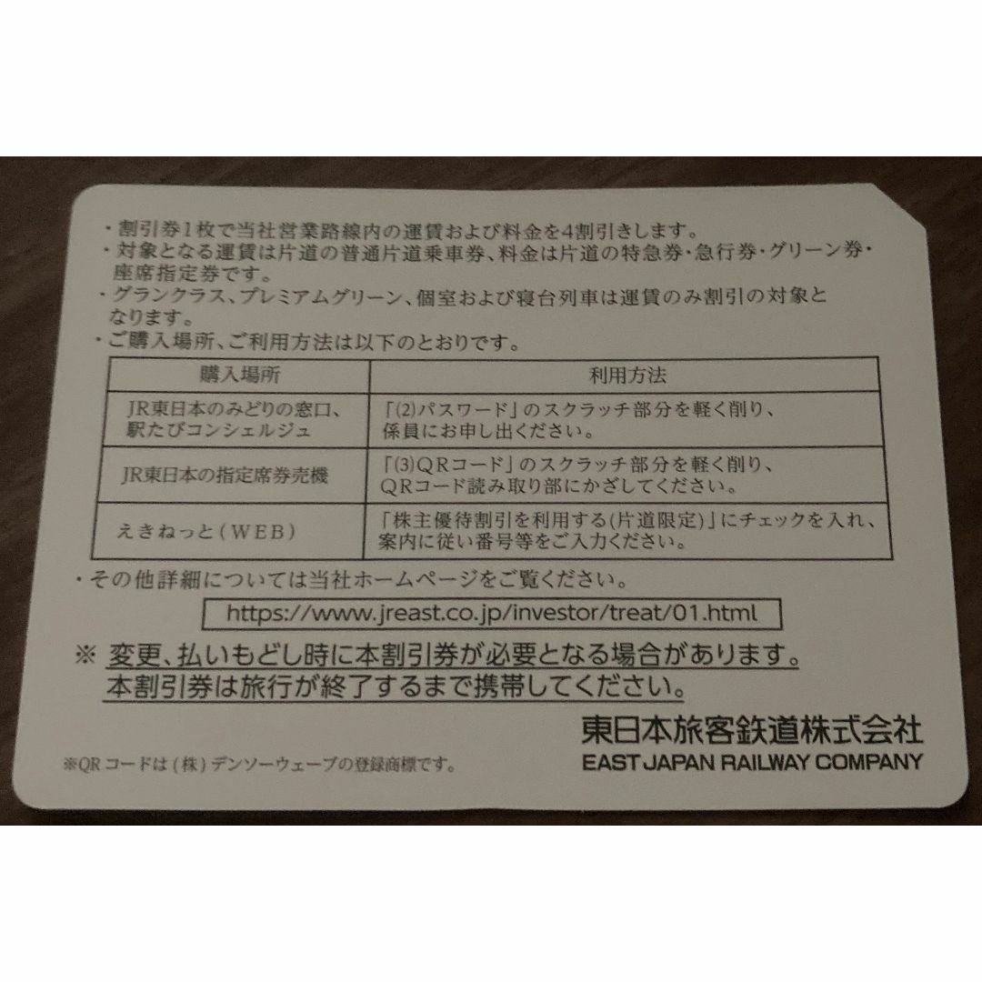 JR東日本　株主優待割引　4割引　２枚 1