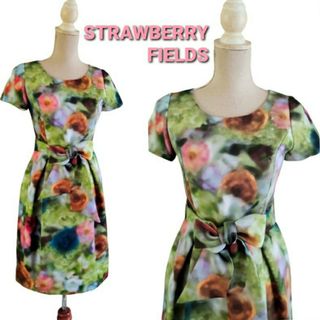 ストロベリーフィールズ(STRAWBERRY-FIELDS)の大変美品　クリーニング済み　ストロベリーフィールズ　綺麗なバラ柄お嬢様ワンピース(ひざ丈ワンピース)