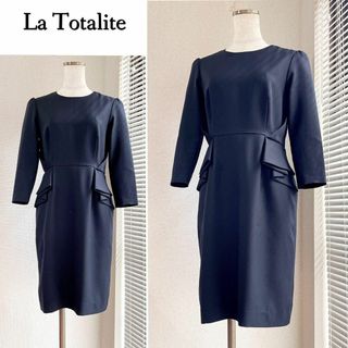 ラトータリテ(La TOTALITE)のサイドデザインが可愛い♪　7分袖　ゆったり綺麗シルエットワンピース　S　ネイビー(ひざ丈ワンピース)