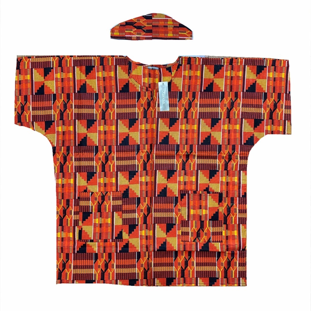 アフリカンプリント　ハット付き　ケンテ　半袖　ダシキ メンズのトップス(シャツ)の商品写真