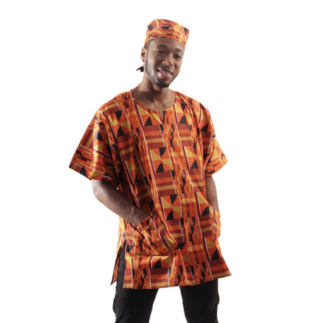 アフリカンプリント　ハット付き　ケンテ　半袖　ダシキ メンズのトップス(シャツ)の商品写真