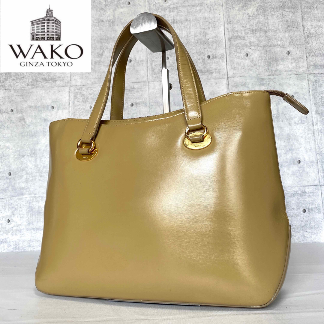 美品タグ付き】WAKO 銀座和光 カーフ ベージュ ゴールド金具 ハンドバッグ-