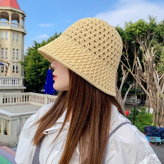 新品未使用  麦わら帽子 バケットハット UV対策 韓国 トレンド ベージュ(麦わら帽子/ストローハット)