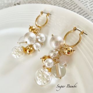 【 チタンポスト 】 2way  フープピアス クリア パール じゃらじゃら(ピアス)