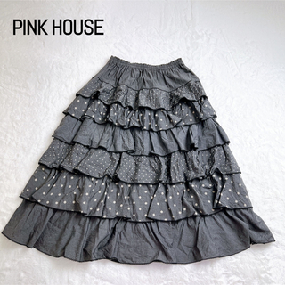 ピンクハウス(PINK HOUSE)のPINK HOUSE ピンクハウス フリルスカート フレア 水玉 ドット グレー(ひざ丈スカート)