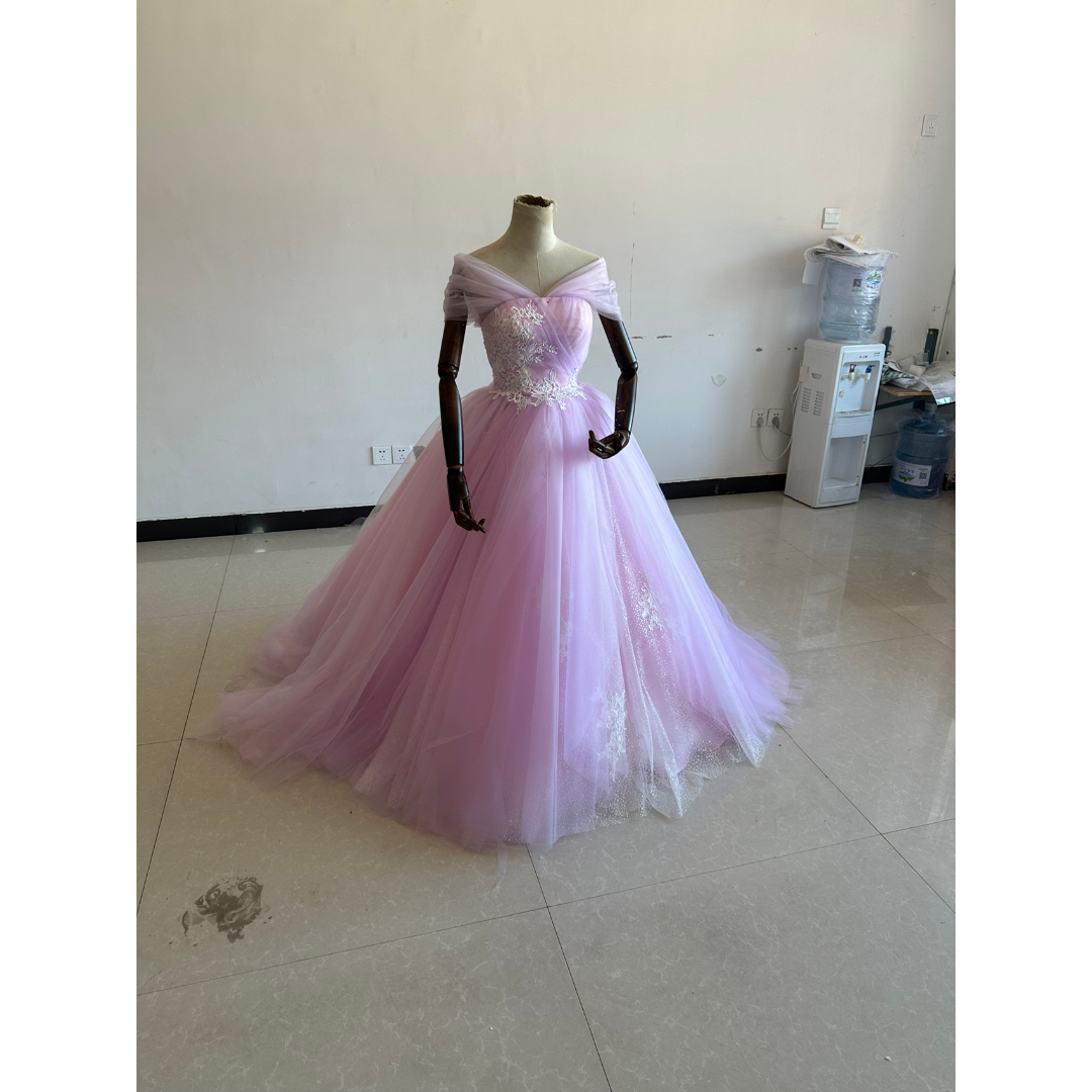 ウェディングドレス大人気上昇 カラードレス ピンク紫 取り外し可能オフショル 2次会 結婚式/挙式