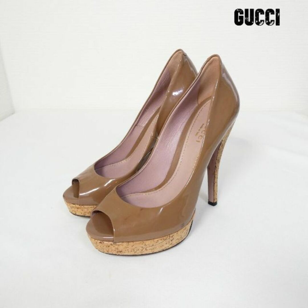 良品 綺麗 GUCCI エナメル コルク オープントゥ ハイヒール パンプス-
