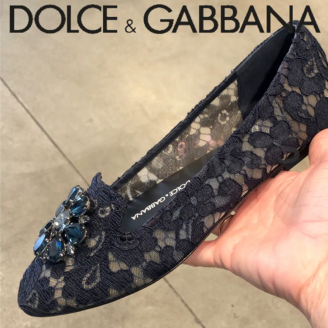 DOLCE&GABBANA(ドルチェアンドガッバーナ)のDOLCE&GABBANA スワロ装飾 レース オペラシューズ *黒 レディースの靴/シューズ(バレエシューズ)の商品写真