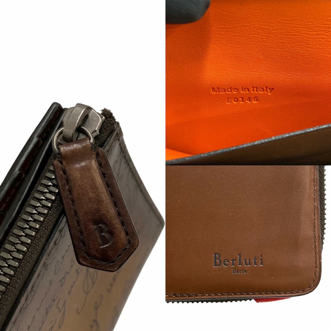 極 美品 希少品 Berluti ベルルッティ カリグラフィ レザー 本革 ラウンドジップ ウォレット 二つ折り 財布 ブラウン 茶 27928