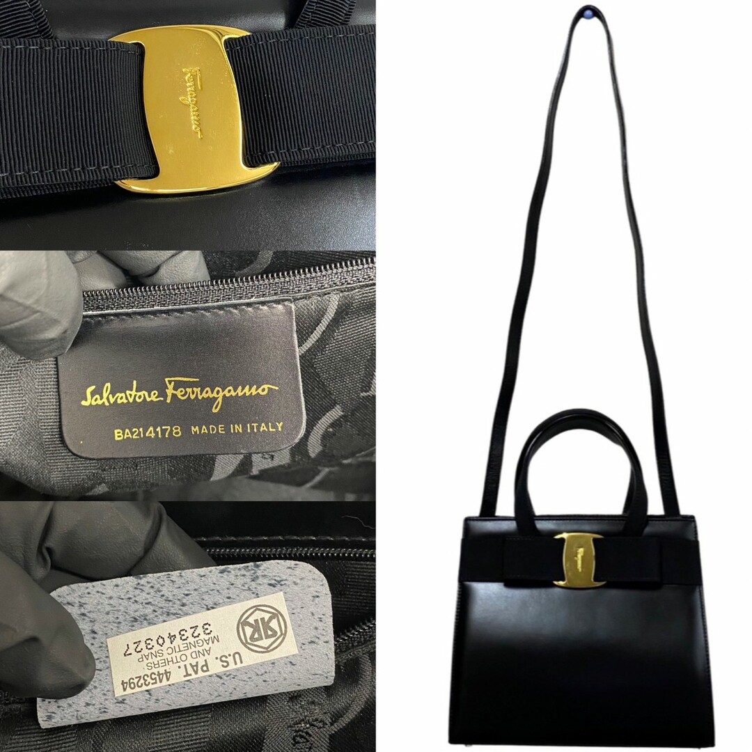 極 美品 Salvatore Ferragamo サルヴァトーレフェラガモ ヴァラリボン カーフ レザー 2way ハンドバッグ ショルダーバッグ ブラック 87341