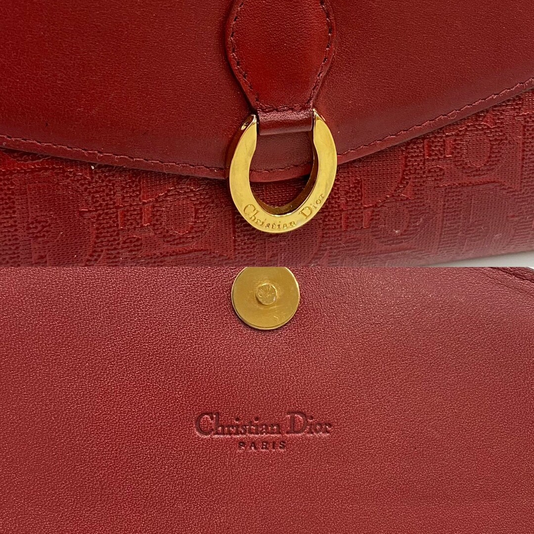 極 美品 Christian Dior ディオール トロッター 柄 ロゴ 金具 レザー 本革 がま口 二つ折り 長財布 ウォレット レッド 赤 31227 1
