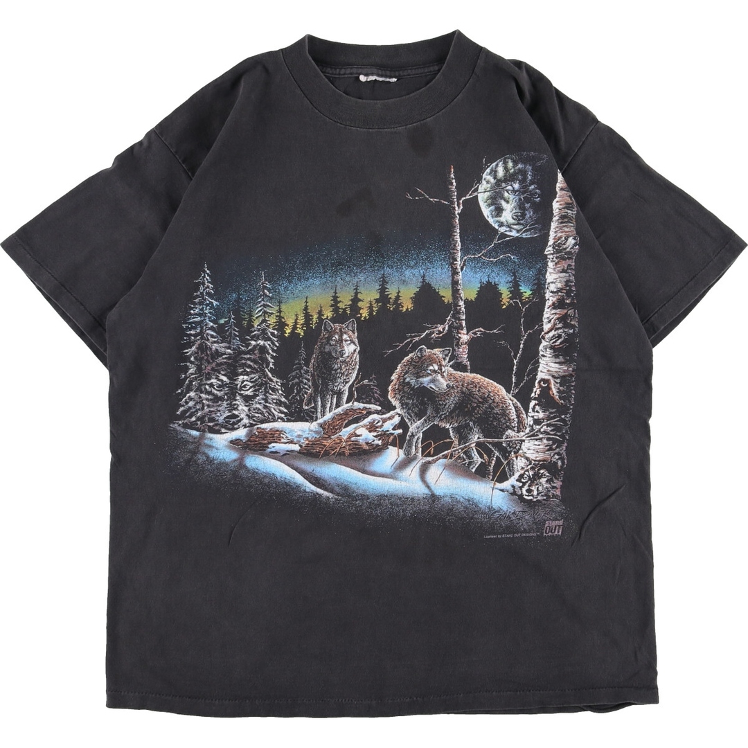 90s USA製 人気 黒 ■ ウルフ アニマル プリント 半袖 Tシャツ (