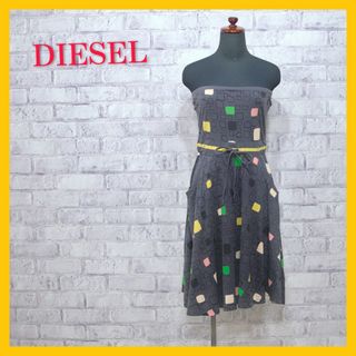 ディーゼル(DIESEL)の美品 ディーゼル ワンピース ミニ チューブトップ ベアトップ 総柄 グレー S(ミニワンピース)