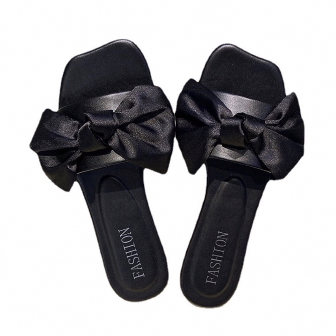 サテンリボン フラットサンダル ブラック 黒 23cm かわいい お洒落 レディースの靴/シューズ(サンダル)の商品写真