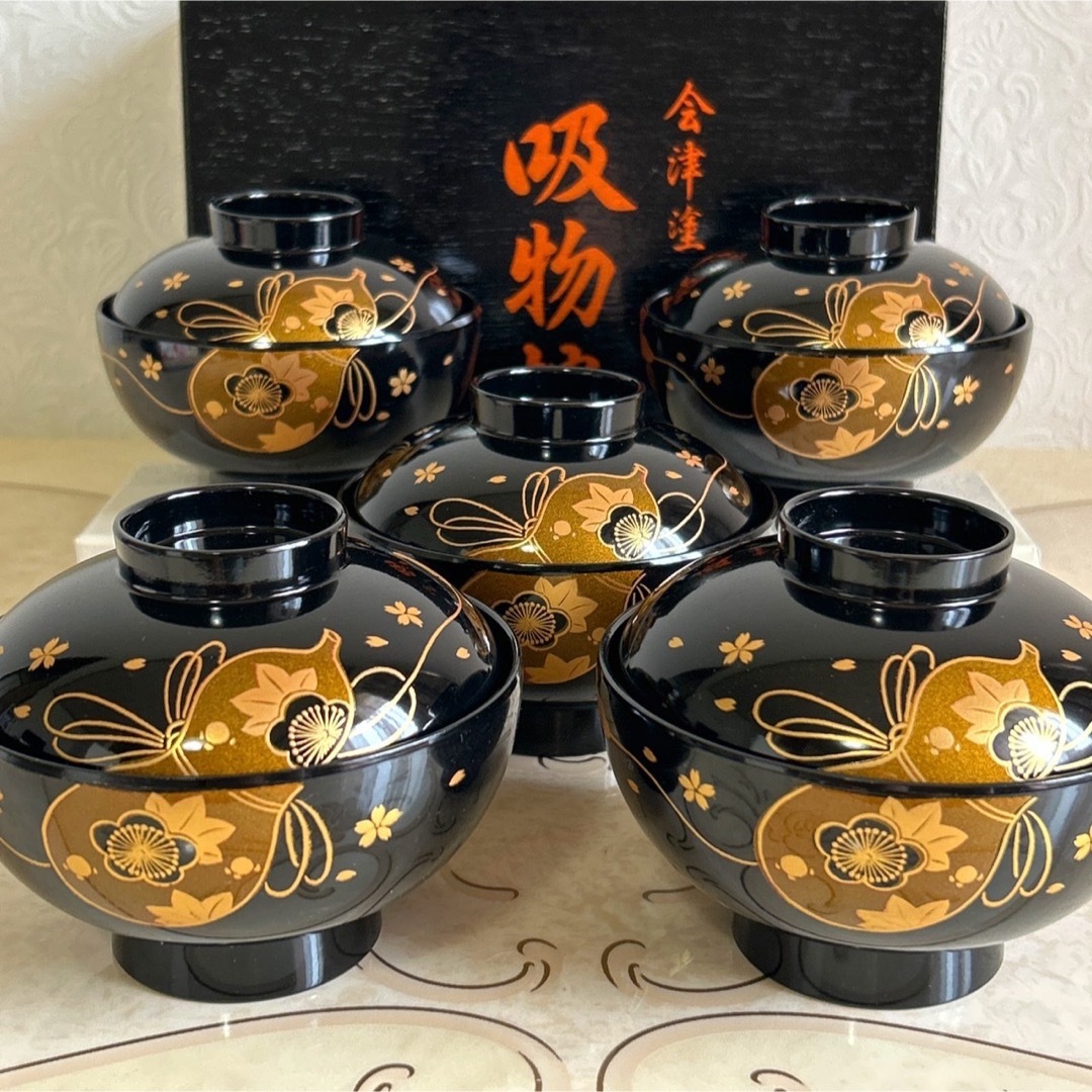 R》輪島塗 蒔絵付 吸物椀5客【稲忠漆器店謹製】栞 共箱 231026お2怜以 R》輪島塗 蒔絵付 吸物椀5客【稲忠漆器店謹製】栞 共箱 231026お2怜以