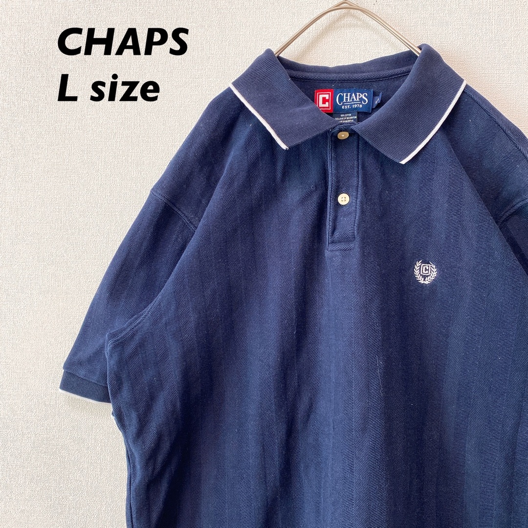 CHAPS(チャップス)のCHAPS 半袖ポロシャツ　ラガー　ストライプ　刺繍ロゴ　ネイビー　男女兼用　L メンズのトップス(ポロシャツ)の商品写真