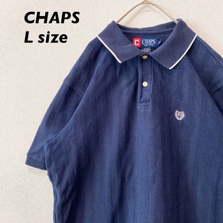 チャップス(CHAPS)のCHAPS 半袖ポロシャツ　ラガー　ストライプ　刺繍ロゴ　ネイビー　男女兼用　L(ポロシャツ)