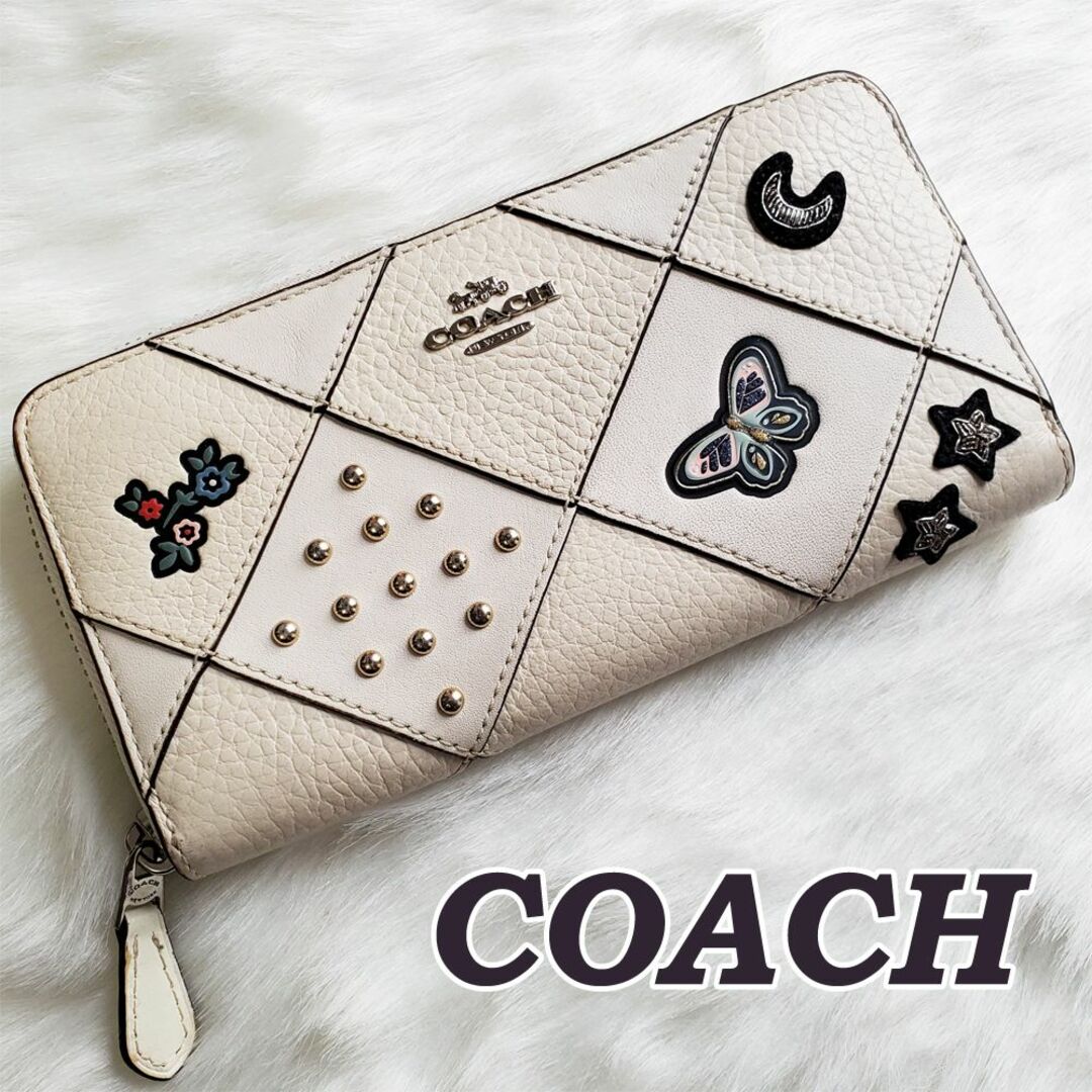 コーチ 長財布 COACH レザー パッチワーク ワッペン チャーク 美品