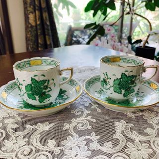 ヘレンド インドの華 グリーン コーヒーカップ&ソーサー デミタス 2客-