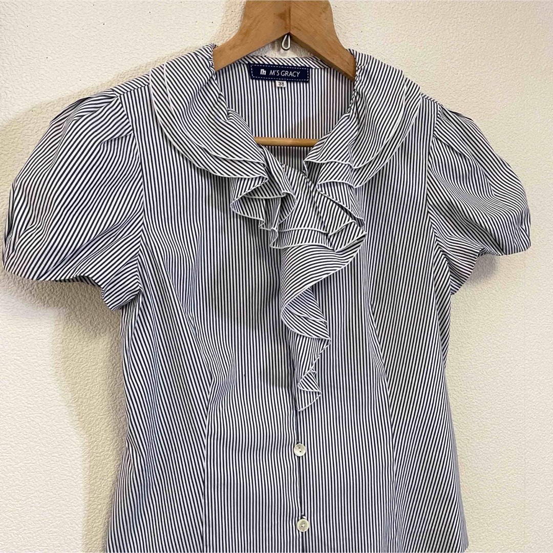 美品 M'S GRACY ストレッチ パフスリーブ フリル 半袖 ブラウス 38
