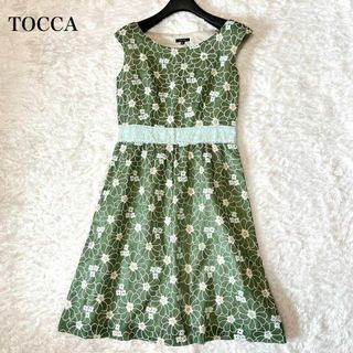 トッカ(TOCCA)のTOCCA ワンピース　ひざ丈　刺繍　グリーン　ウエストマーク　フレア　フラワー(ひざ丈ワンピース)