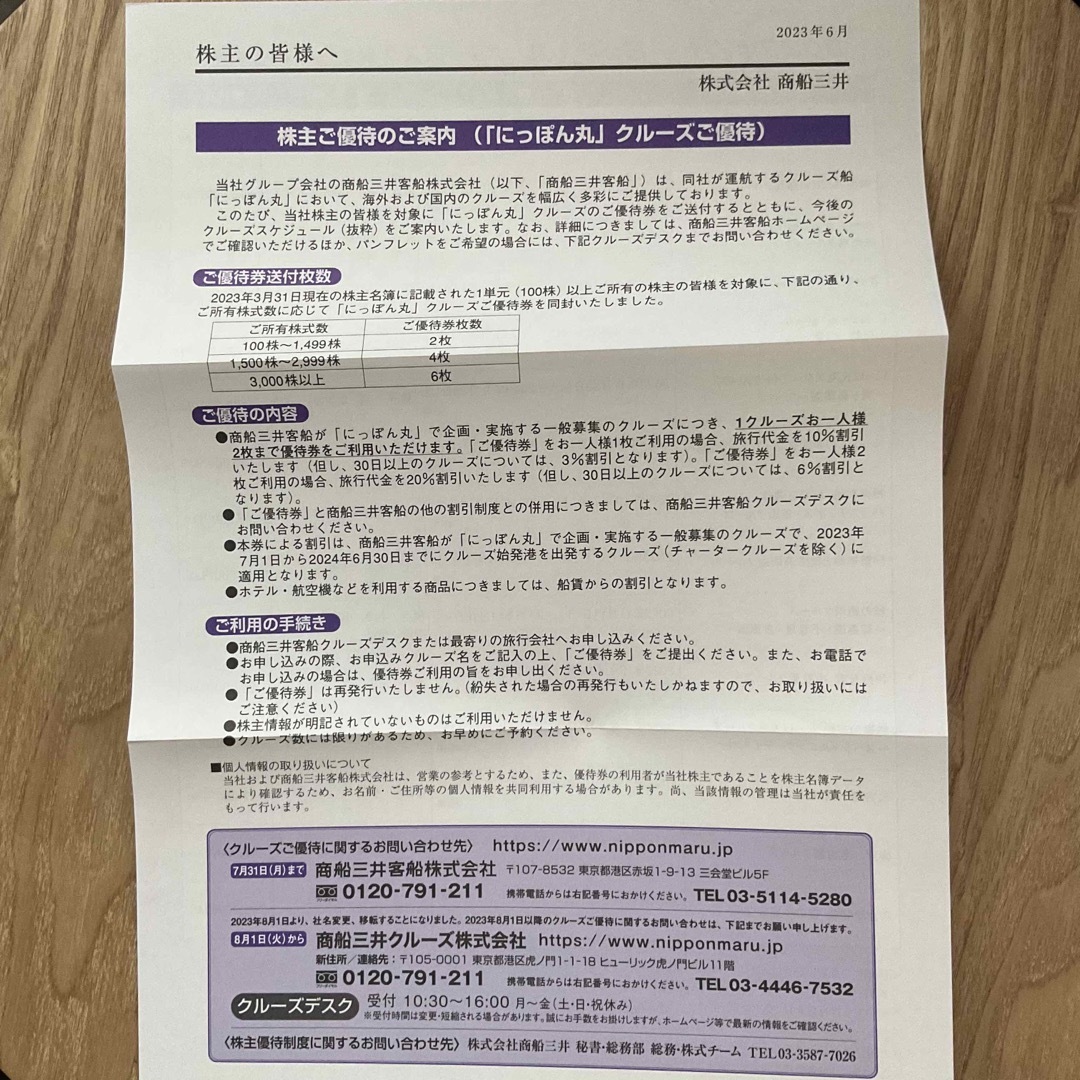 【匿名配送】商船三井 株主優待 にっぽん丸 クルーズ優待券2枚 チケットの優待券/割引券(その他)の商品写真