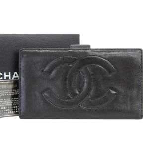 シャネル(CHANEL)の【本物保証】 箱・保付 シャネル CHANEL ココマーク ロゴ がま口付長財布 ラムスキン ブラック 黒 シール付 2番台 A13498 (財布)