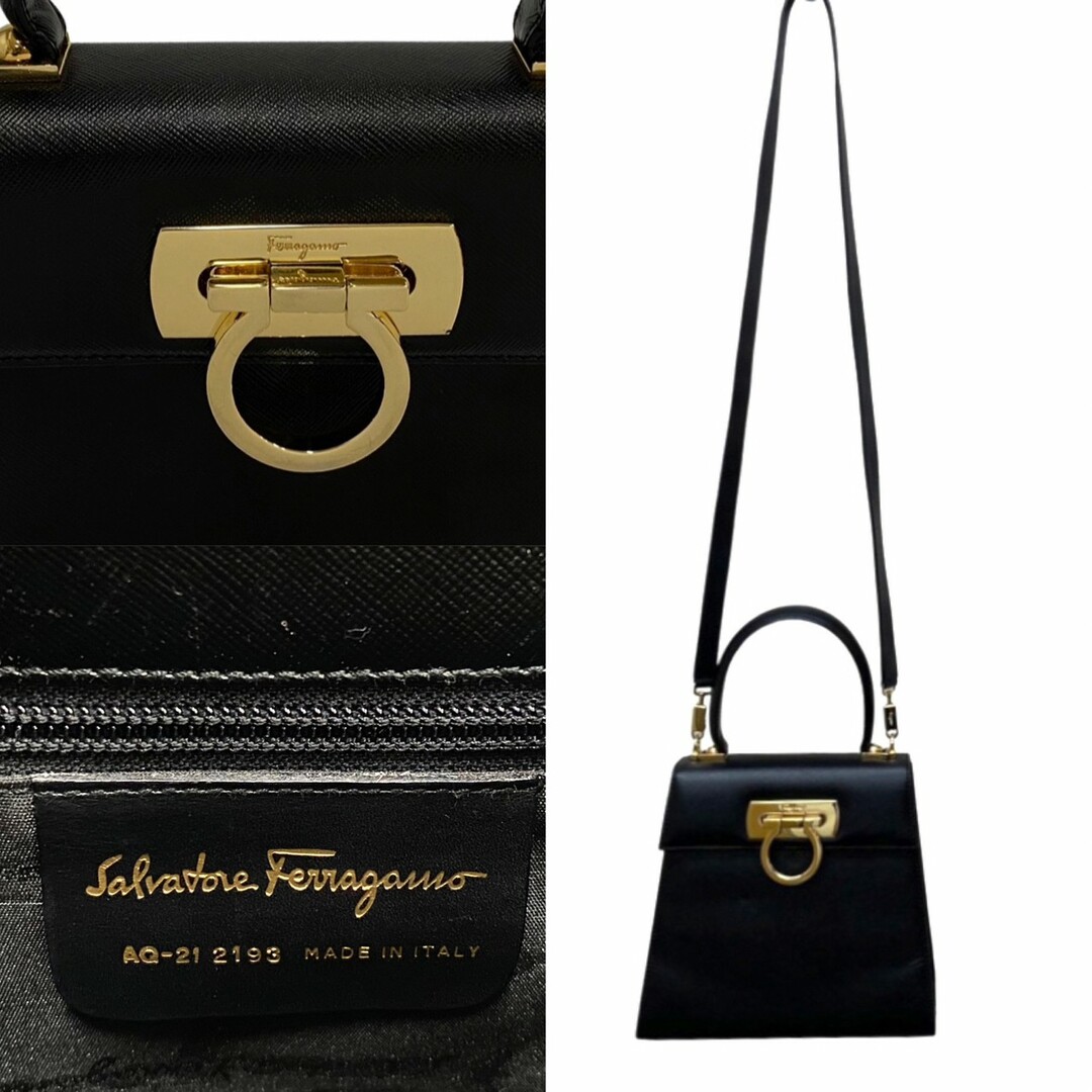 Salvatore Ferragamo(サルヴァトーレフェラガモ)のほぼ未使用 Salvatore Ferragamo フェラガモ ガンチーニ 金具 レザー 本革 2way ハンドバッグ ミニ ショルダーバッグ ブラック 16479 レディースのバッグ(ハンドバッグ)の商品写真