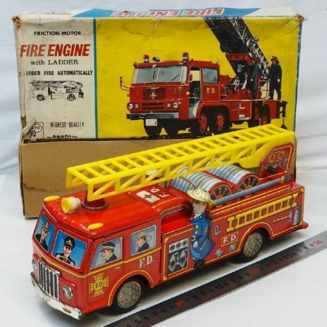 旭玩具【ファイヤーエンジン ハシゴ消防車】当時物ブリキ玩具 TIN TOY 箱付