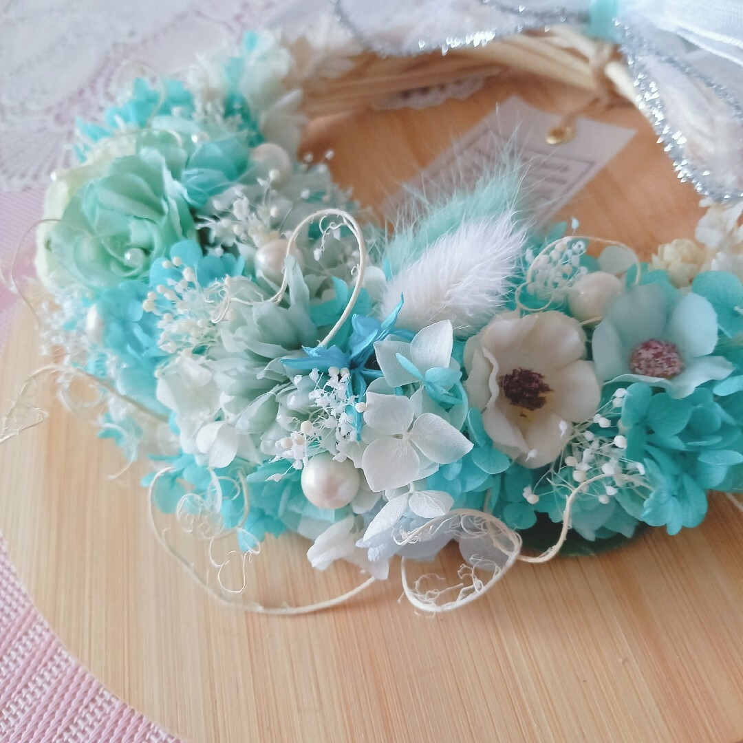 NO.107 Tiffany ＆ White でっかいリボンのフラワーリース❁*