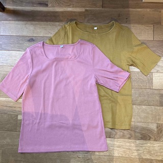 ユニクロ(UNIQLO)のwoman XL ユニクロ　半袖リブTシャツ　2枚セット　ピンク&マスタード(Tシャツ(半袖/袖なし))