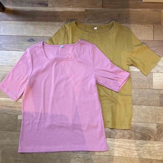 ユニクロ(UNIQLO)のwoman XL ユニクロ　半袖リブTシャツ　2枚セット　ピンク&マスタード(Tシャツ(半袖/袖なし))