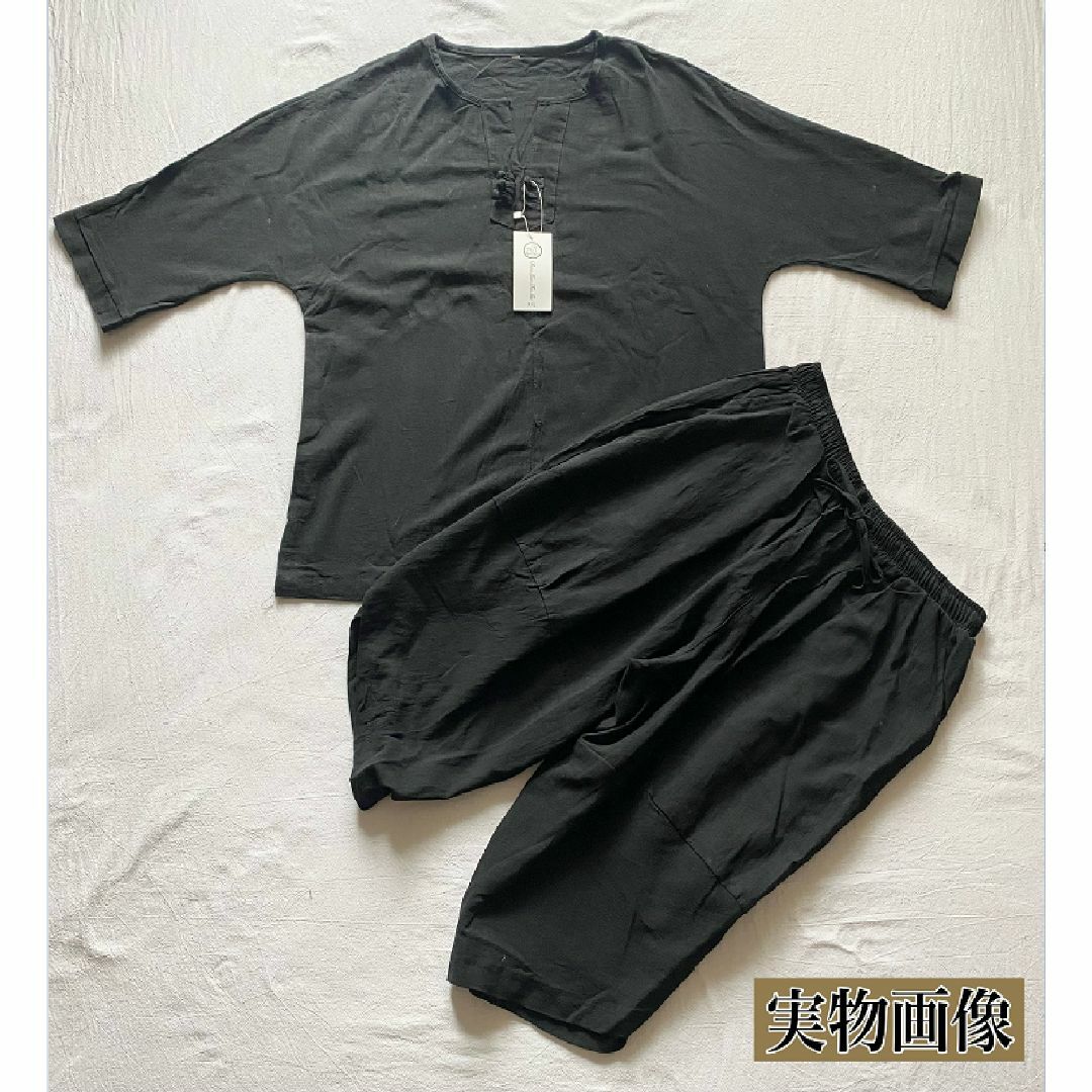 2XL 黒 上下セット ルームウェア メンズ 天然素材 半袖 甚平 ハーフパンツ メンズのトップス(Tシャツ/カットソー(半袖/袖なし))の商品写真