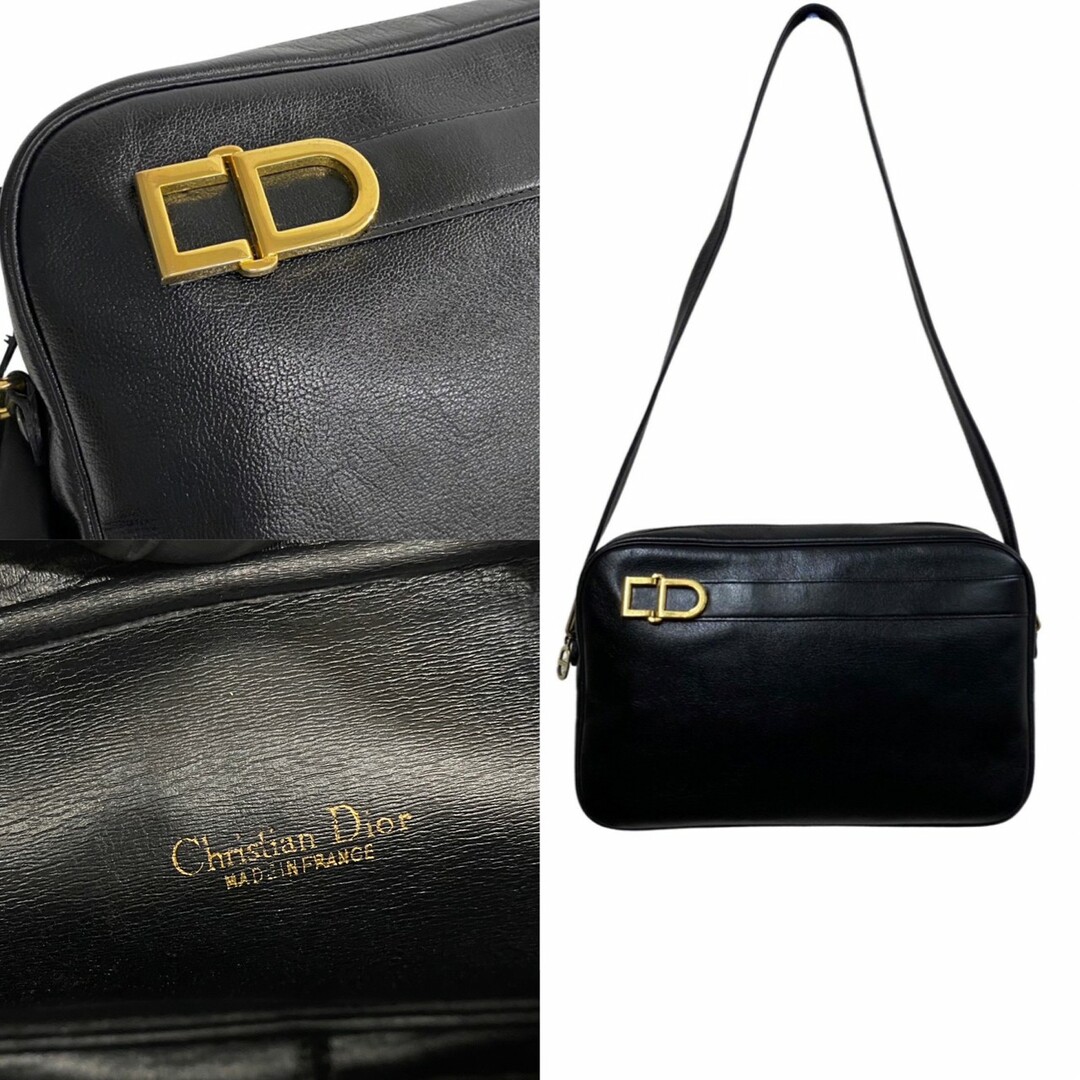 極 美品 Christian Dior ディオール CD ロゴ 金具 レザー 本革 ショルダーバッグ サコッシュ クロスボディバッグ ブラック 33444