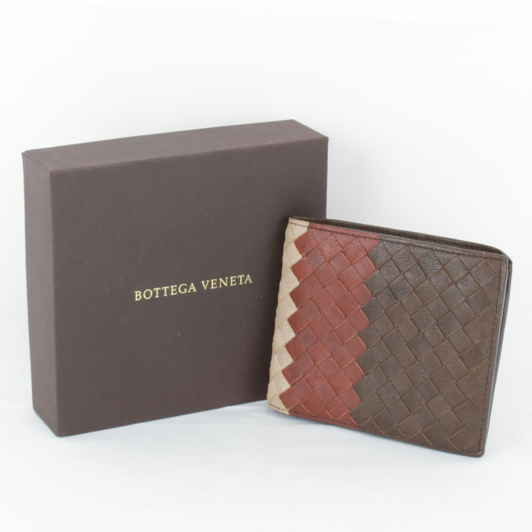 良品『USED』 BOTTEGAVENETA ボッテガヴェネタ イントレチャート 二つ折り財布 レザー ブラウン/レッド/ベージュ 9