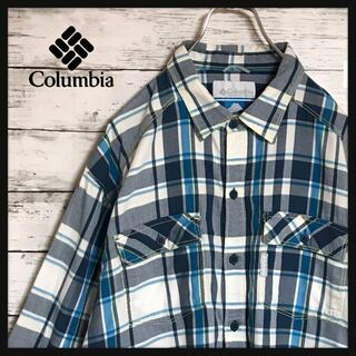 コロンビア(Columbia)の【人気定番】コロンビア☆タグロゴ付きチェックシャツ　ゆるだぼ　ブルー　A345(シャツ)