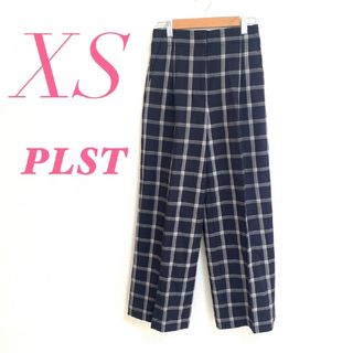 プラステ(PLST)のPLST プラステ　ワイドパンツ　チェック　オフィスカジュアル　ネイビー　XS(カジュアルパンツ)