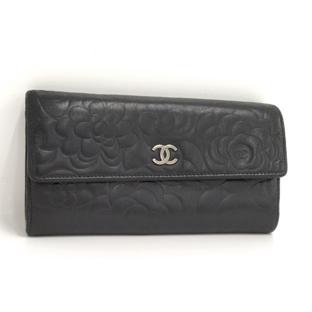 【美品】CHANEL カメリア 二つ折り長財布 レザー ココマーク 黒