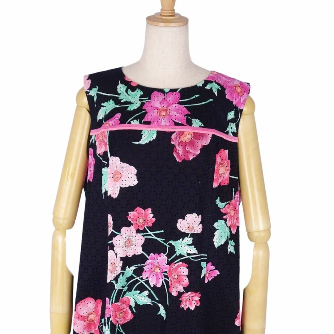 極美品 レオナール LEONARD FASHION ワンピース ノースリーブ 花柄 コットン トップス レディース 42(L相当) マルチカラー