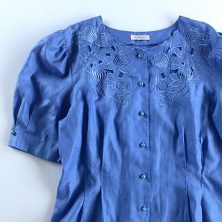 サンタモニカ(Santa Monica)のused レトロ 青系 刺繍 ブラウス 古着 ヴィンテージ vintage(シャツ/ブラウス(半袖/袖なし))